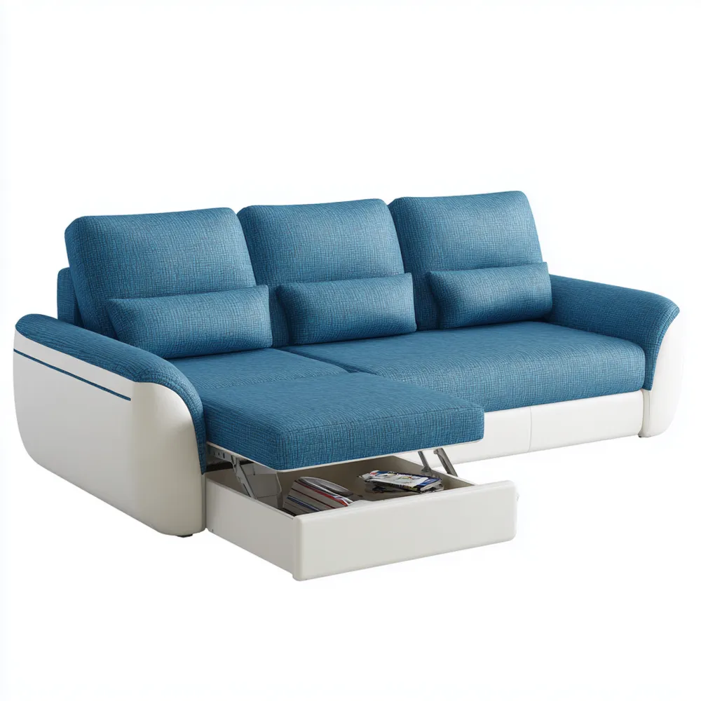 Canapé d'angle réversible 250x160x85 cm avec rangement en tissu Bleu et cuir synthétique Blanc