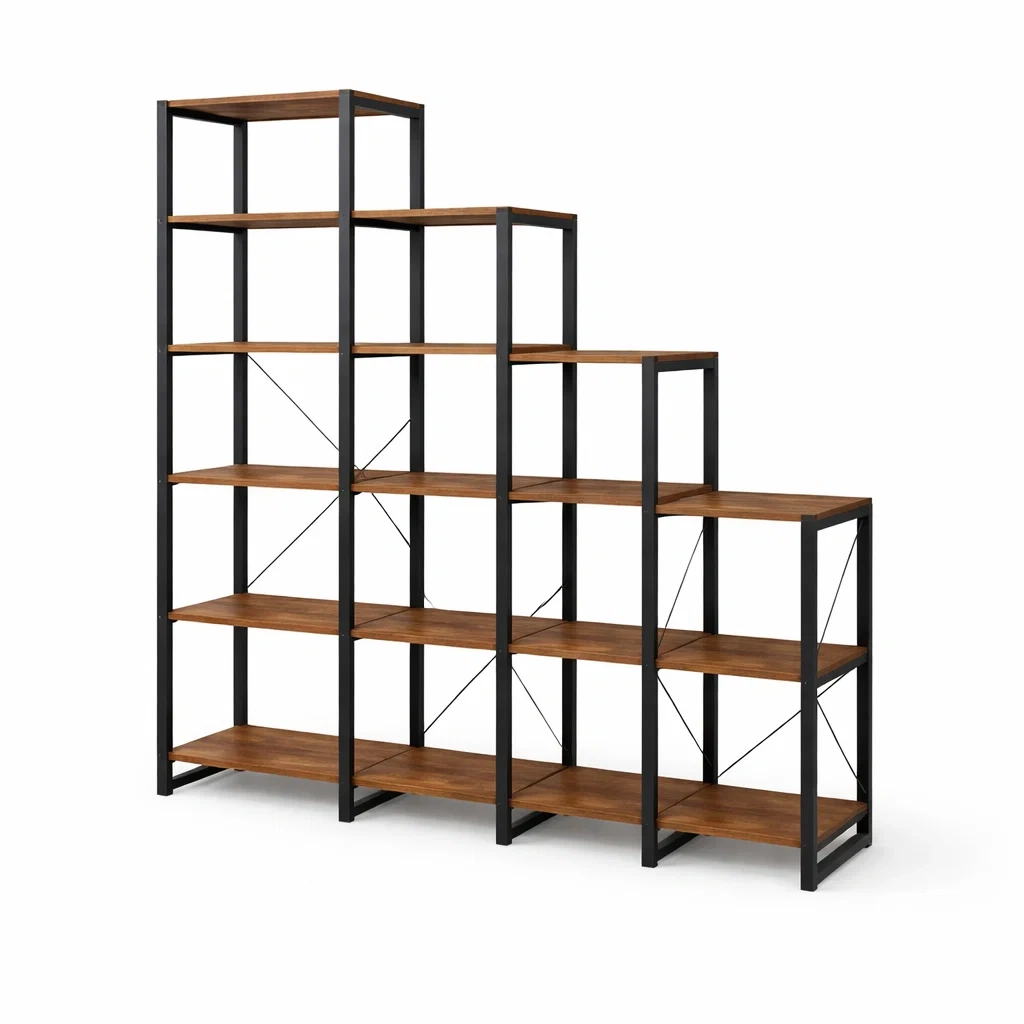 Estanteria metal negro madera oscura escalonada-woodcanton