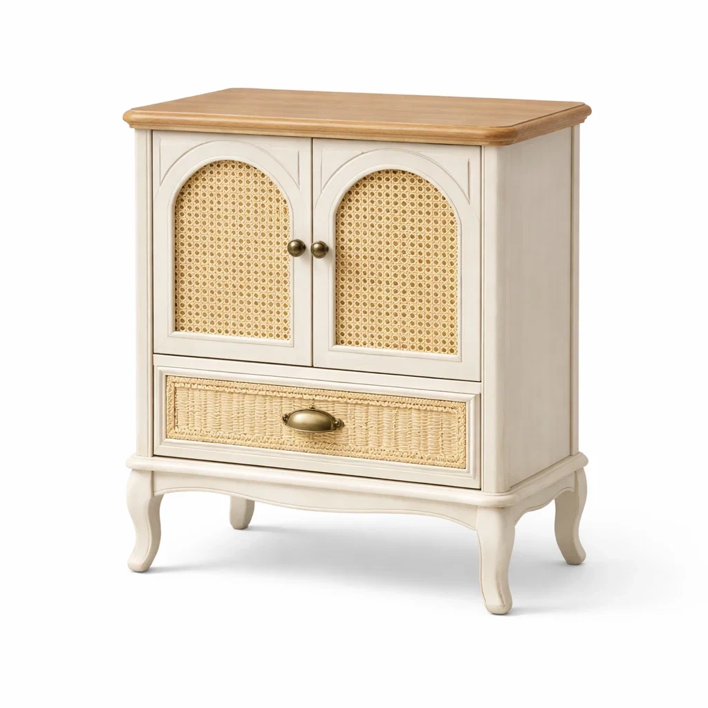 Mesita auxiliar blanca con madera y rejilla-casaweld