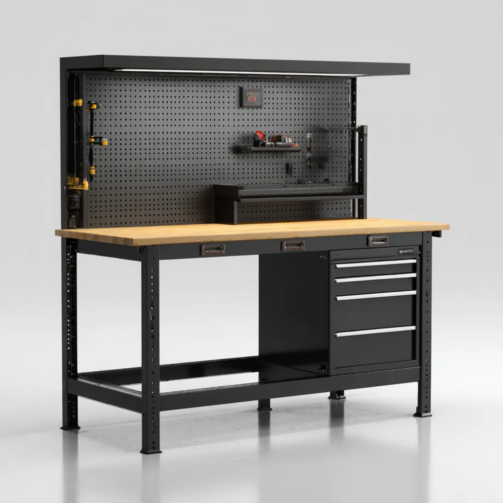 Établi de travail métal et bois avec panneau perforé et tiroirs 120x60x150 cm – Design industriel