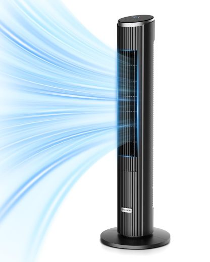 Ateroll Silent Tower Fan, Electric Cooling Fan, 90° Oscillating Bladeless Fan with Remote, 4 Speeds 3 Modes 12H Timer LED Display, Energy Efficient Standing Fan for Home Office, Black Fan