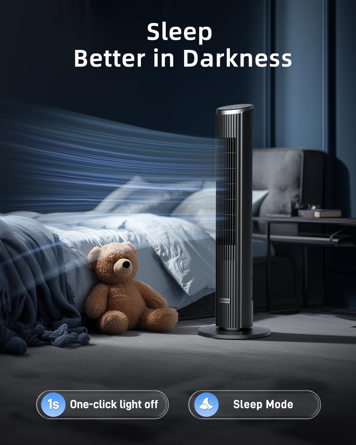Ateroll Silent Tower Fan, Electric Cooling Fan, 90° Oscillating Bladeless Fan with Remote, 4 Speeds 3 Modes 12H Timer LED Display, Energy Efficient Standing Fan for Home Office, Black Fan