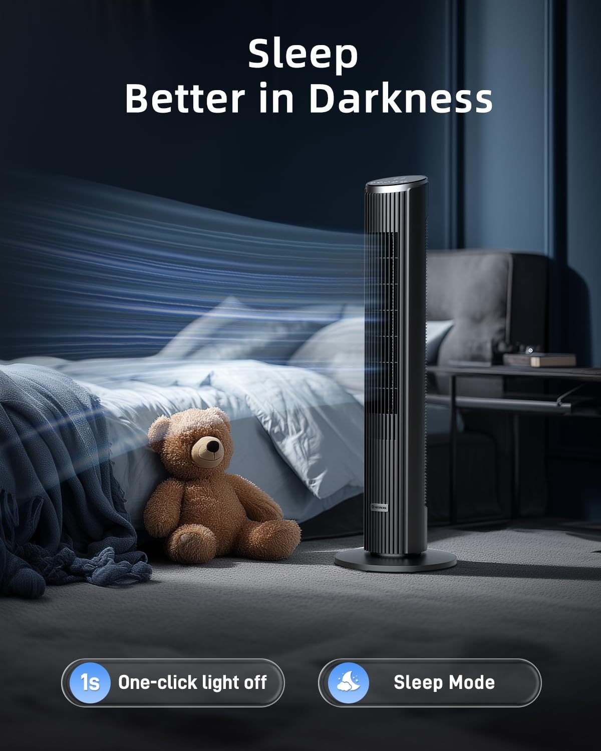 Ateroll Silent Tower Fan, Electric Cooling Fan, 90° Oscillating Bladeless Fan with Remote, 4 Speeds 3 Modes 12H Timer LED Display, Energy Efficient Standing Fan for Home Office, Black Fan