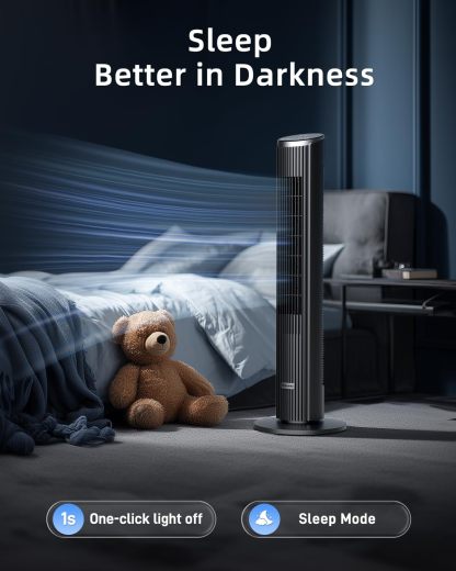 Ateroll Silent Tower Fan, Electric Cooling Fan, 90° Oscillating Bladeless Fan with Remote, 4 Speeds 3 Modes 12H Timer LED Display, Energy Efficient Standing Fan for Home Office, Black Fan
