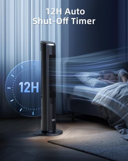 Ateroll Silent Tower Fan, Electric Cooling Fan, 90° Oscillating Bladeless Fan with Remote, 4 Speeds 3 Modes 12H Timer LED Display, Energy Efficient Standing Fan for Home Office, Black Fan