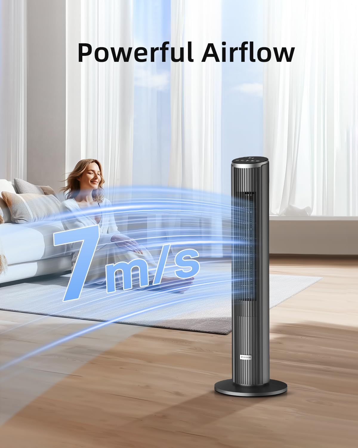 Ateroll Silent Tower Fan, Electric Cooling Fan, 90° Oscillating Bladeless Fan with Remote, 4 Speeds 3 Modes 12H Timer LED Display, Energy Efficient Standing Fan for Home Office, Black Fan