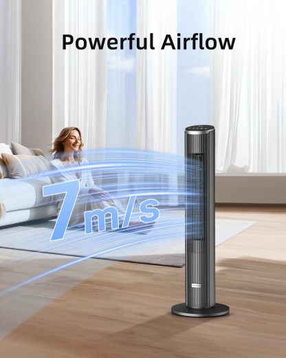 Ateroll Silent Tower Fan, Electric Cooling Fan, 90° Oscillating Bladeless Fan with Remote, 4 Speeds 3 Modes 12H Timer LED Display, Energy Efficient Standing Fan for Home Office, Black Fan