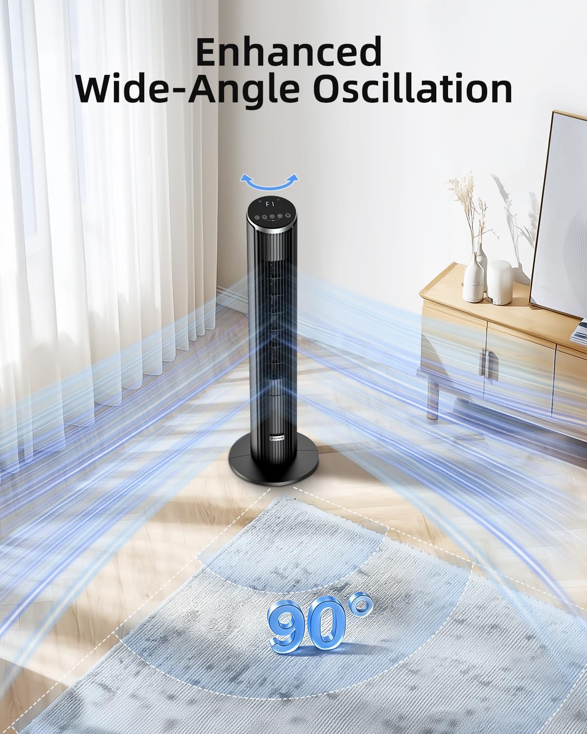 Ateroll Silent Tower Fan, Electric Cooling Fan, 90° Oscillating Bladeless Fan with Remote, 4 Speeds 3 Modes 12H Timer LED Display, Energy Efficient Standing Fan for Home Office, Black Fan
