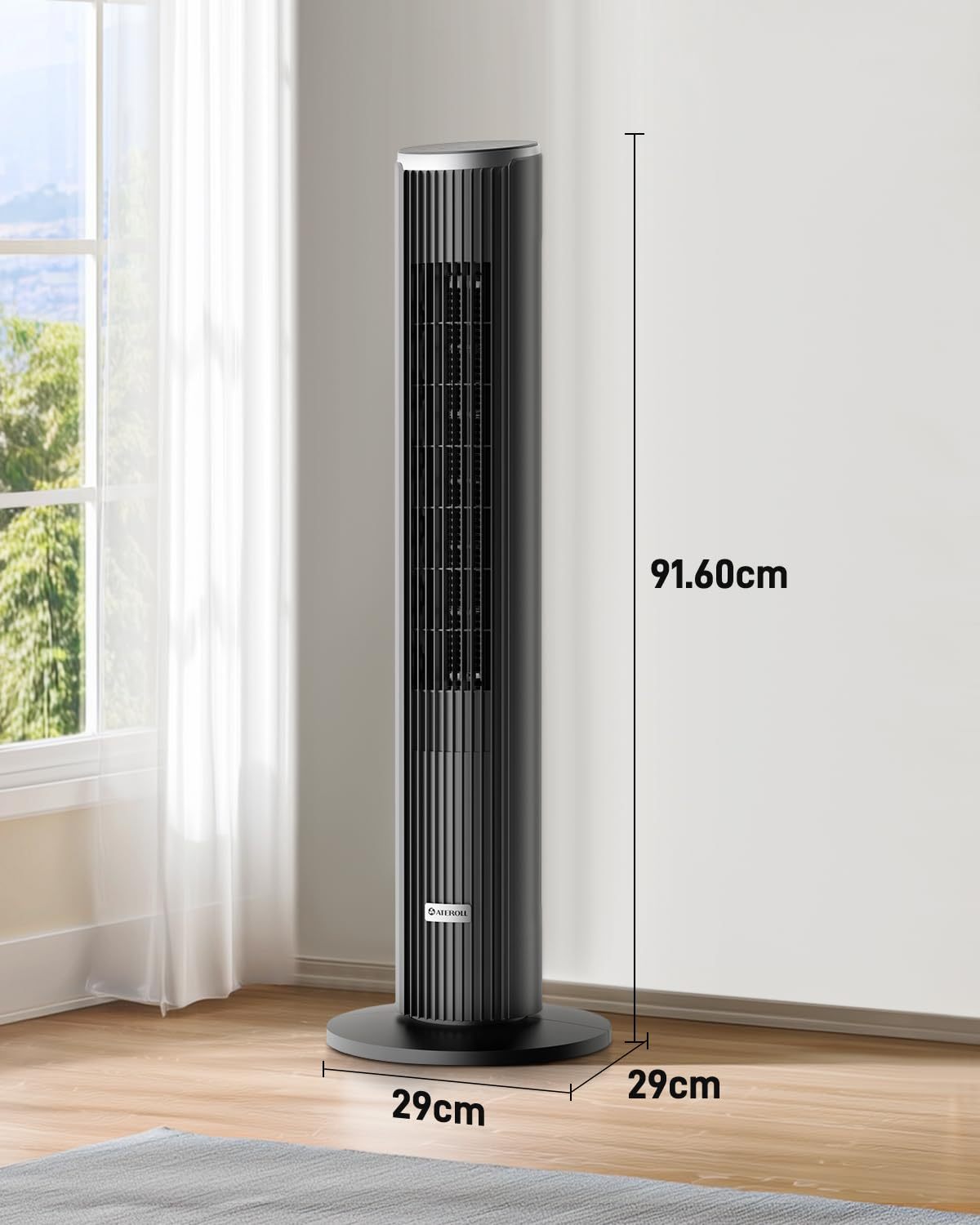 Ateroll Silent Tower Fan, Electric Cooling Fan, 90° Oscillating Bladeless Fan with Remote, 4 Speeds 3 Modes 12H Timer LED Display, Energy Efficient Standing Fan for Home Office, Black Fan