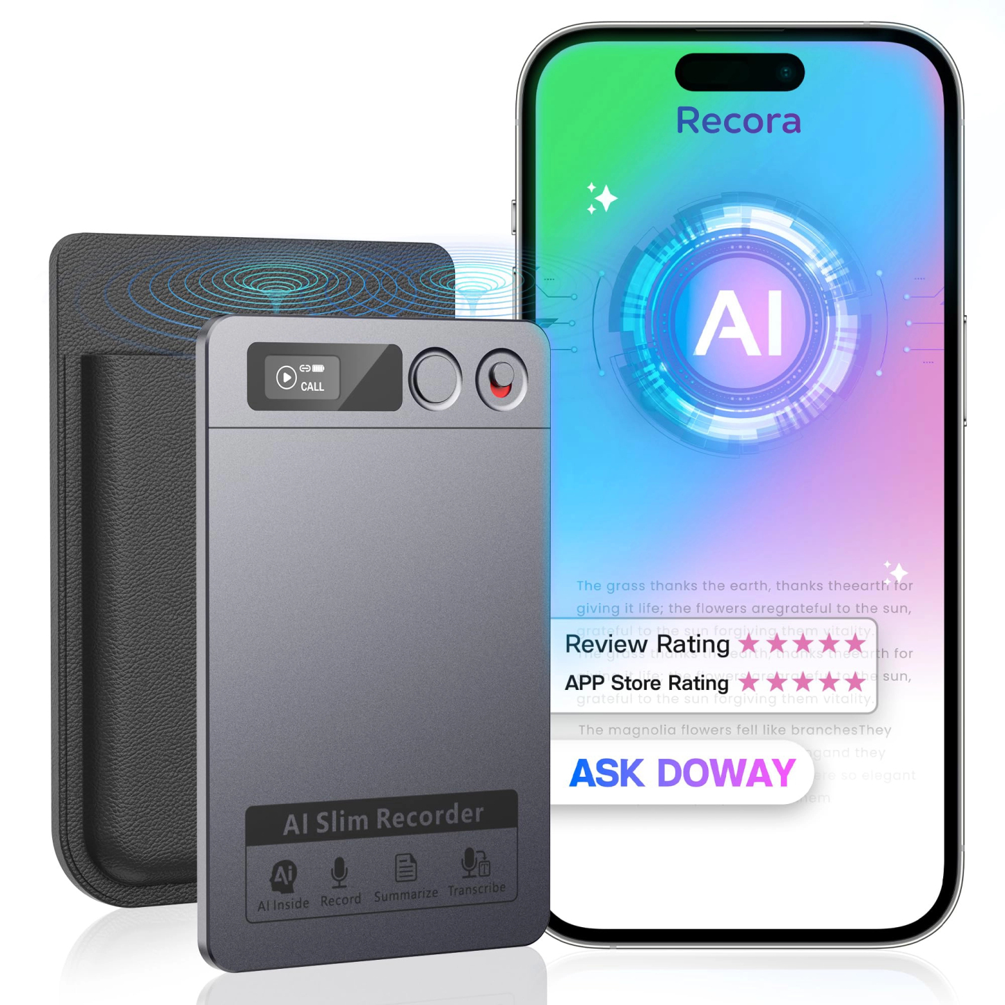 Recora KP70 AI Voice Recorder – 118 languages, AI transcription & studio audio