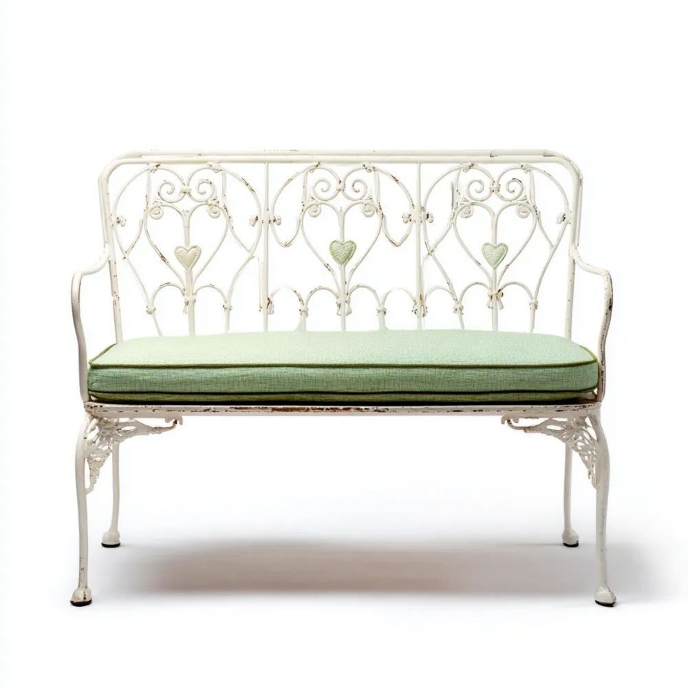 Banc de jardin en fer forgé avec coussin Vert/Blanc 115x45x95 cm – Design vintage