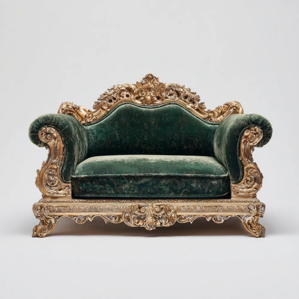 Canapé Deux Places en Velours Baroque 150x85x100 cm – Vert/Doré