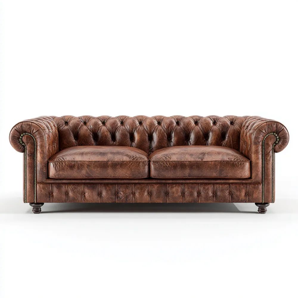 Canapé 2 places cuir Marron capitonné style Chesterfield 200x90x75 cm