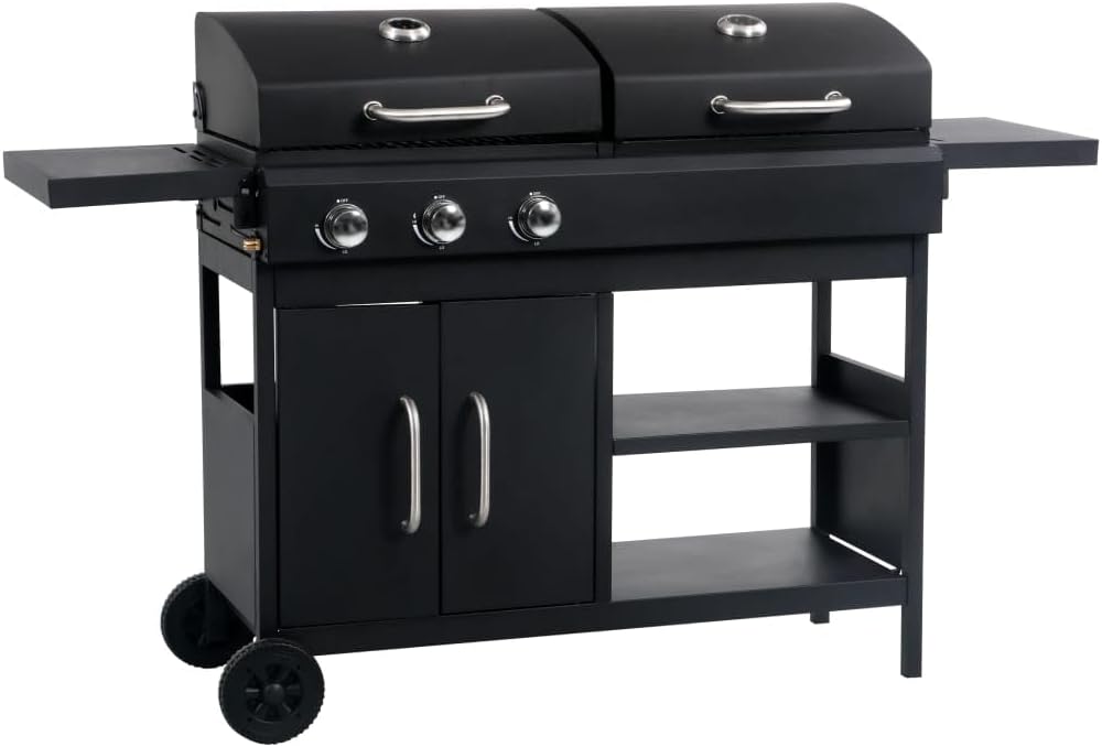vidaXL Barbecue Combinato Carbone e Gas 3 Fuochi con Cappe, Termometro e Tavolini, Griglia Ibrida in Acciaio, Nero-Pinegoshop