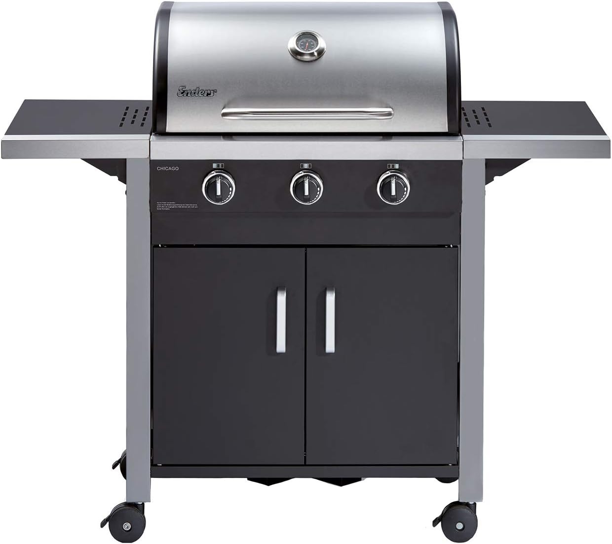 Enders Chicago 8937633 Barbecue a Gas 3 Fuochi con Coperchio in Acciaio Inox a Doppia Parete, Termometro Integrato e Ripiani Laterali Richiudibili, Nero-Pinegoshop
