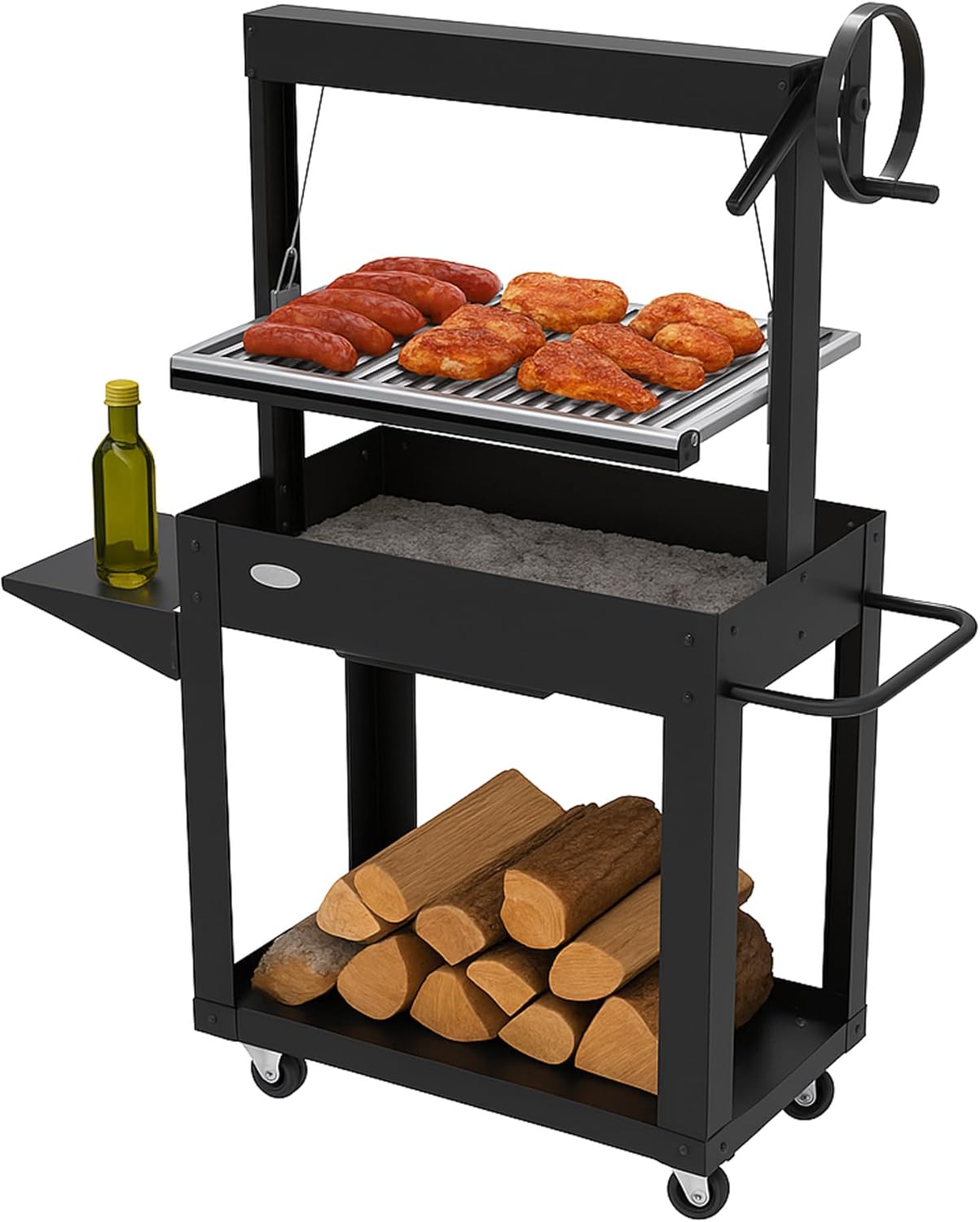 Barbecue a Legna e Carbonella con Griglia Regolabile a Manovella, BBQ da Esterno con Mensola Ribaltabile e Portalegna 98,5x45x147 cm-Pinegoshop