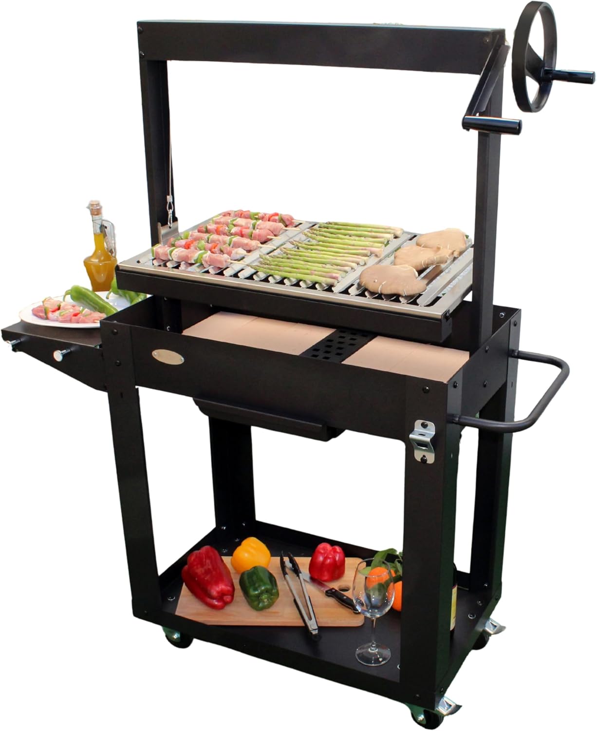 Barbecue a Legna Argentino XXL 78,5 x 45 x 147 cm Nero Griglia 72,5 x 41 cm con Sistema Raccolta Grassi e Ruote in Alluminio-Pinegoshop