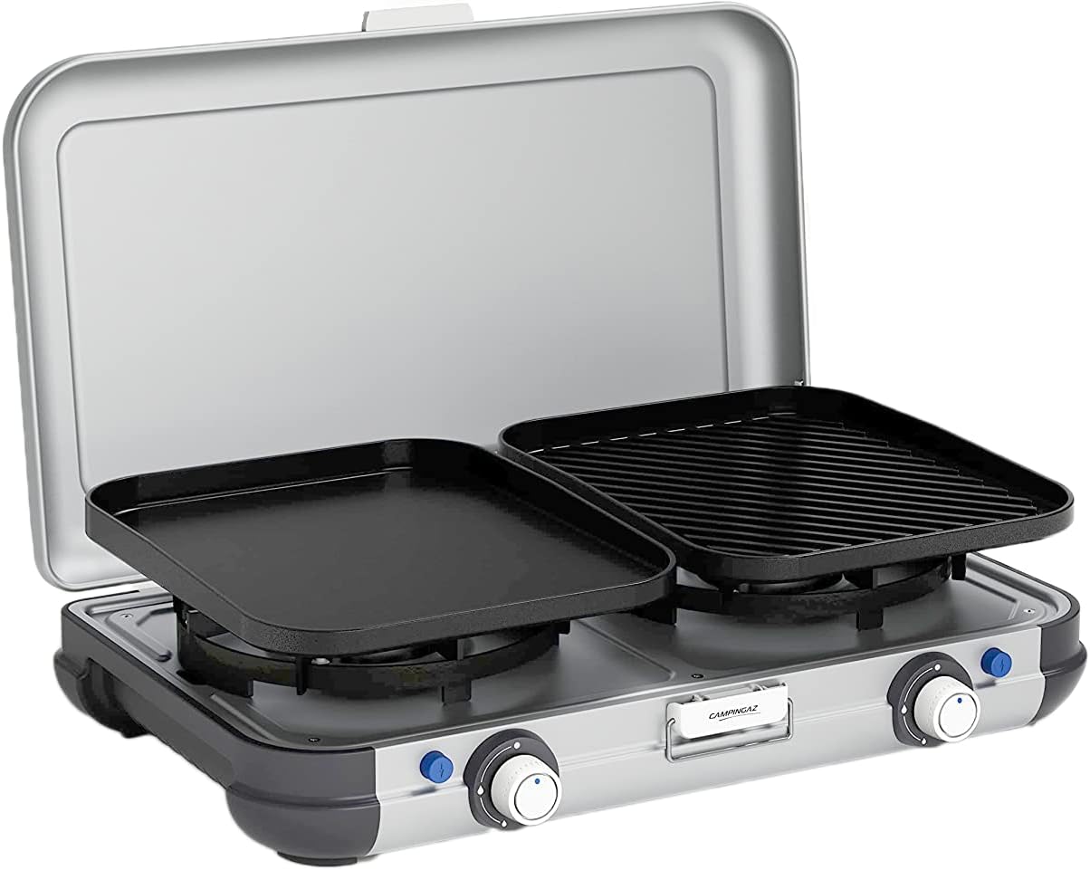 Campingaz 2 Grill e Go CV Cucina da Campeggio a Gas 49 x 35,1 x 35,1 cm Alluminio con 2 Bruciatori 2000 Watt e Piastre Grill Rimovibili-Pinegoshop
