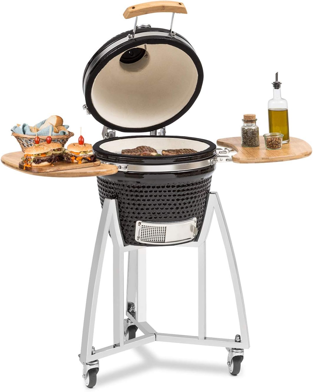 Klarstein Queen Kamado Grill Barbecue in Ceramica e Acciaio Inox 101 x 53 x 124 cm Nero con Termometro e Pannelli Laterali Rimovibili-Pinegoshop