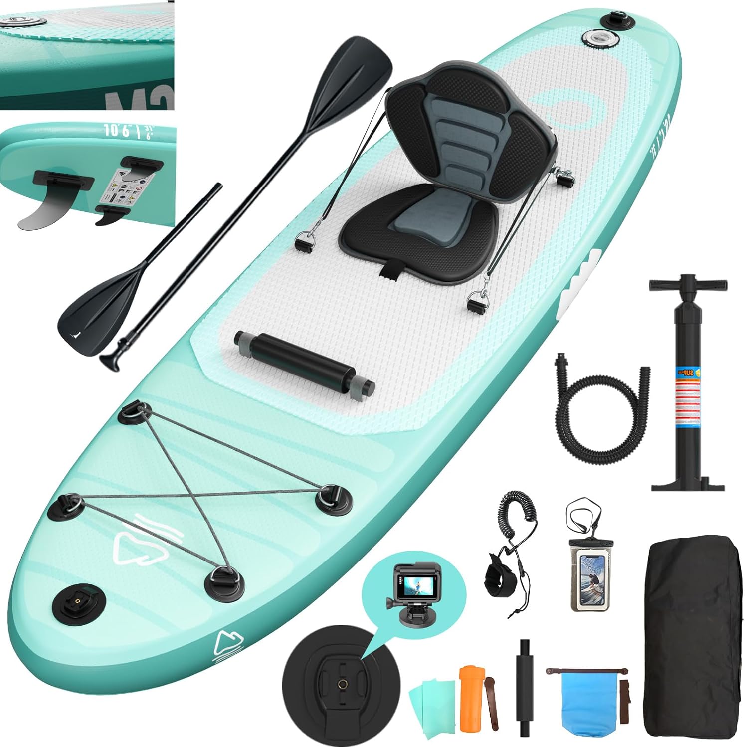 JUMMICO Tavola SUP Gonfiabile 320x80x15 cm con Pagaia 2-in-1 e Sella Kayak, Accessori Completi, Portata 160 kg, Verde Chiaro-Pinegoshop