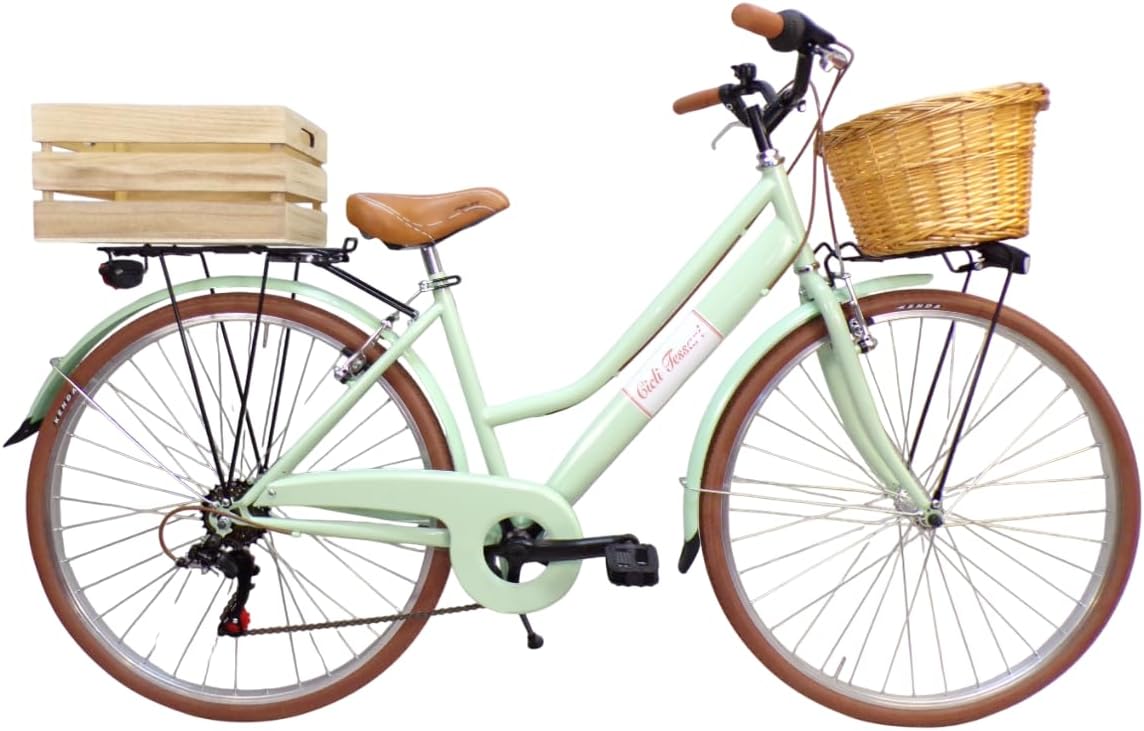 Bicicletta da donna da città 28 pollici con cambio 6 velocità stile vintage retro con cesto in vimini e cassetta verde-Pinegoshop