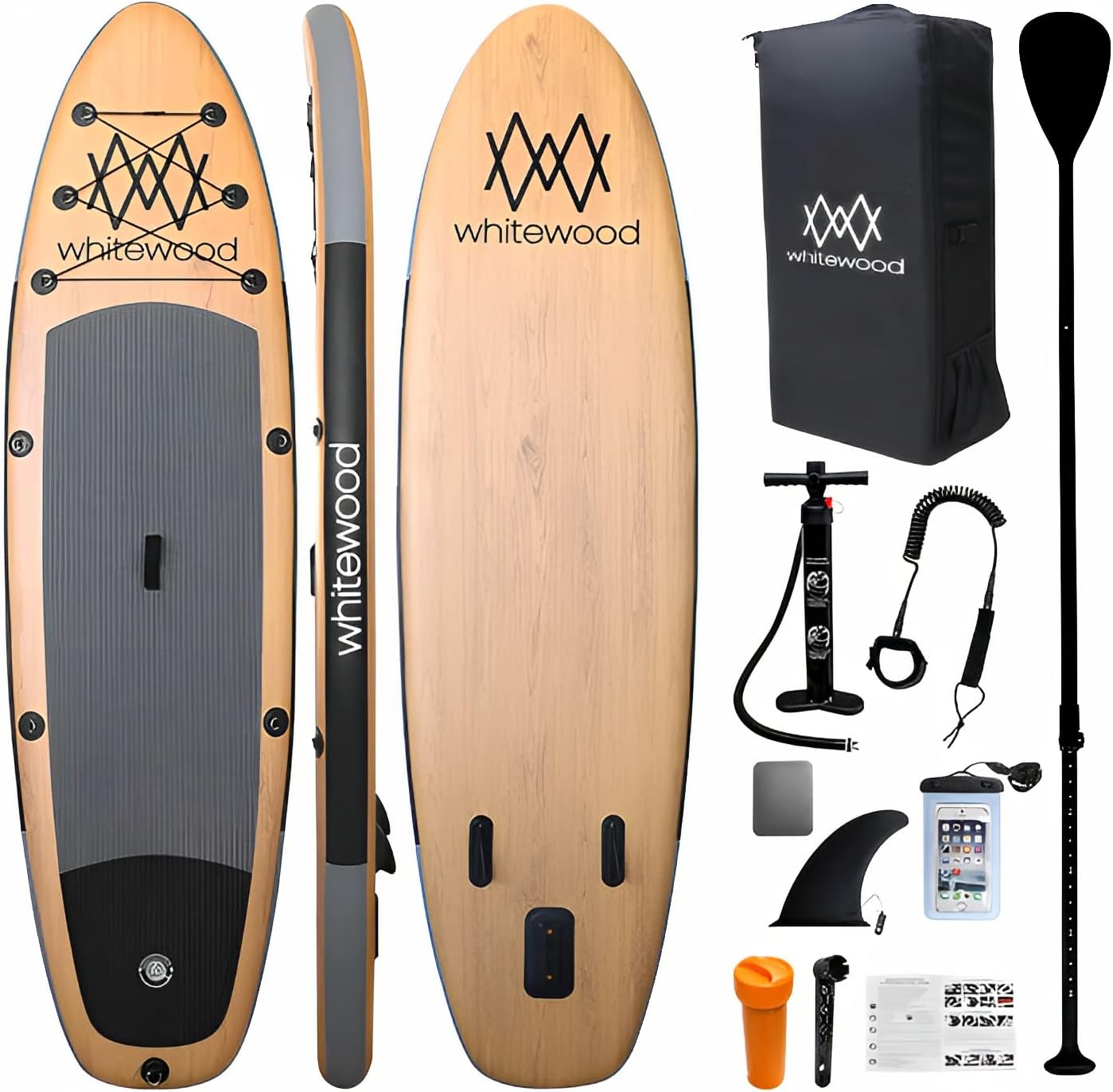 Whitewood SUP Gonfiabile 305-335 cm Premium Effetto Legno con Accessori Completi, Portata 200 kg, per 2-3 Persone-Pinegoshop