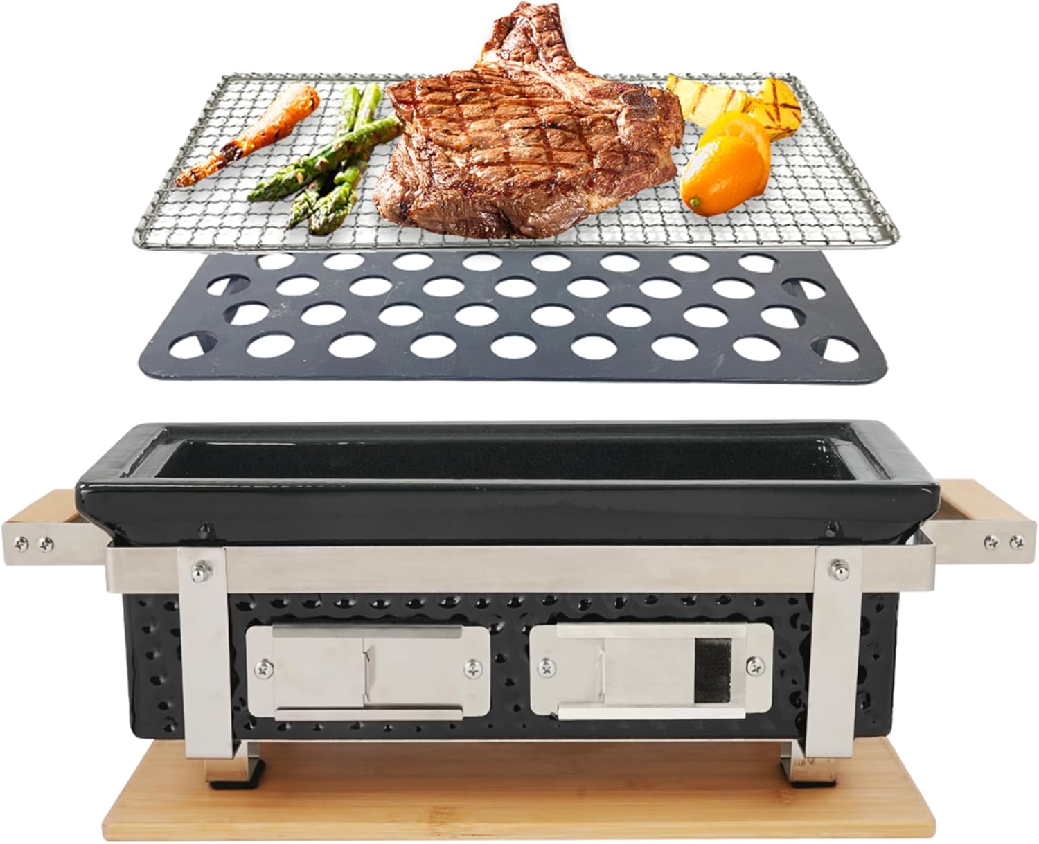 Hibachi Griglia Rettangolare in Ceramica a Carbone 39,5 x 22 x 16 cm Nero Barbecue Giapponese Yakitori da Tavolo Portatile con Tavola in Bambù-Pinegoshop