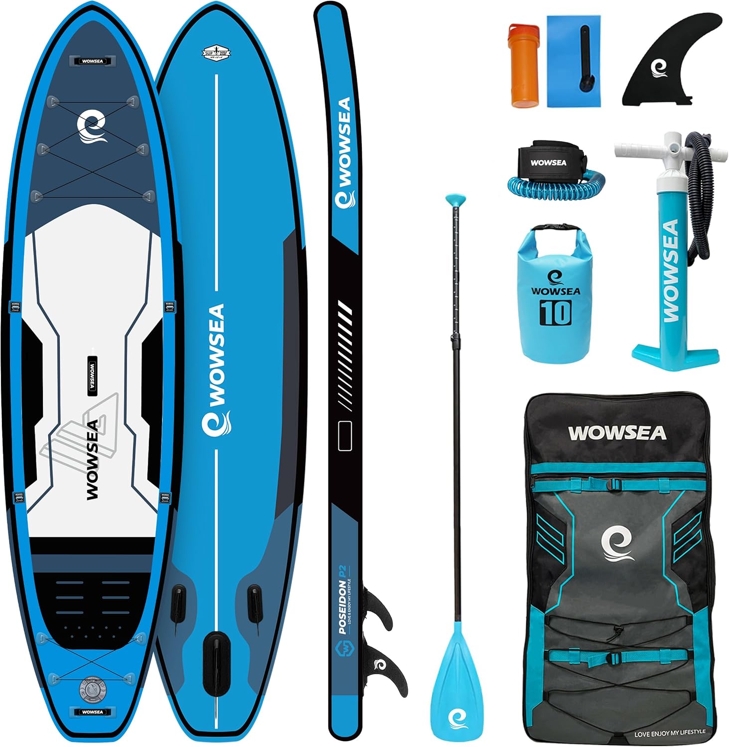 WOWSEA Tavola SUP Gonfiabile Durevole e Stabile con Pompa Doppia/Tripla Azione, Pagaia in Fibra di Vetro e Accessori, Blu-Pinegoshop