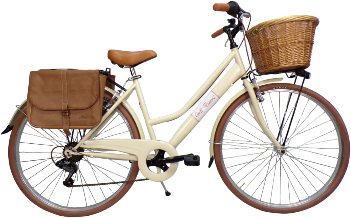 Bicicletta donna da città 28 pollici con cambio 6 velocità stile vintage retro con cesto in vimini e borse laterali beige-Pinegoshop