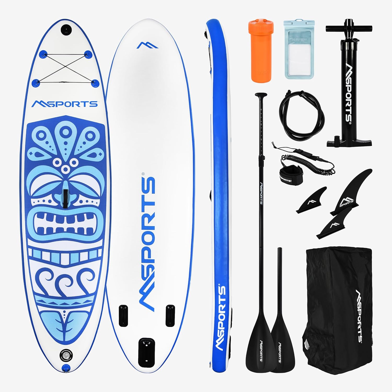 MSPORTS Stand Up Paddle Board Gonfiabile Blu in Plastica con Pagaia Regolabile Pompa 2 Bastoncini Custodia Impermeabile e Borsa Multifunzionale 12 kg-Pinegoshop