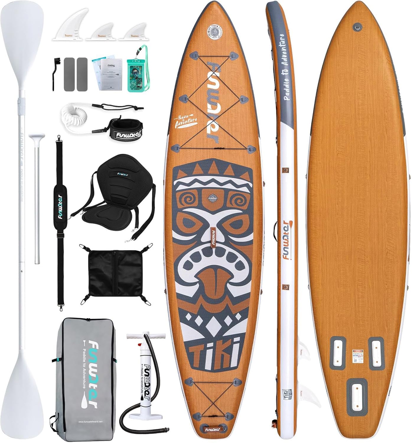 FunWater Tavola SUP Gonfiabile 11'6'' con Accessori Completi, Pinne, Guinzaglio, Pompa, Pagaia e Zaino, PVC, Legno di Noce TIKI Grigio-Pinegoshop
