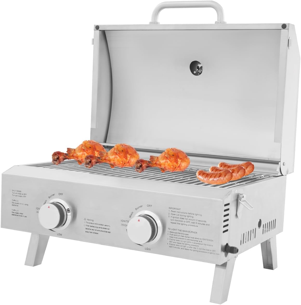 Barbecue a Gas Portatile 2 Fuochi in Acciaio Inox con Regolazione della Temperatura, Argento-Pinegoshop