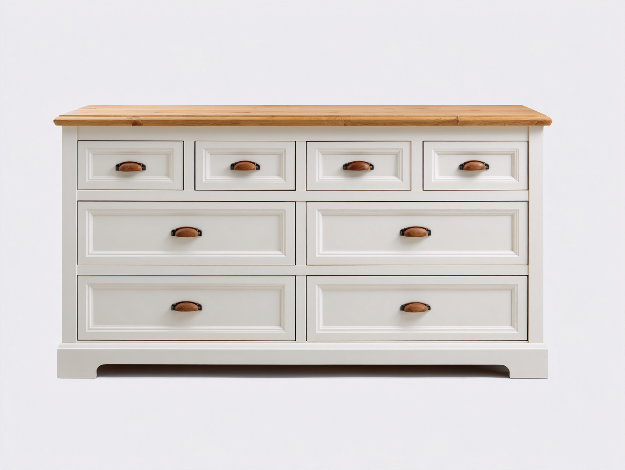 Cómodas de madera con ocho cajones 150x45x85 cm - blanco-madera natural - diseño clásico para dormitorio-Craftmybase