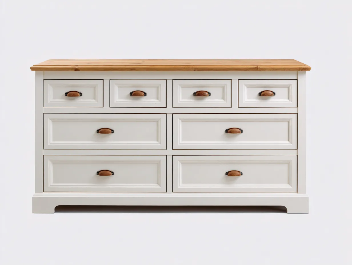 Cómodas de madera con ocho cajones 150x45x85 cm - blanco-madera natural - diseño clásico para dormitorio-Craftmybase