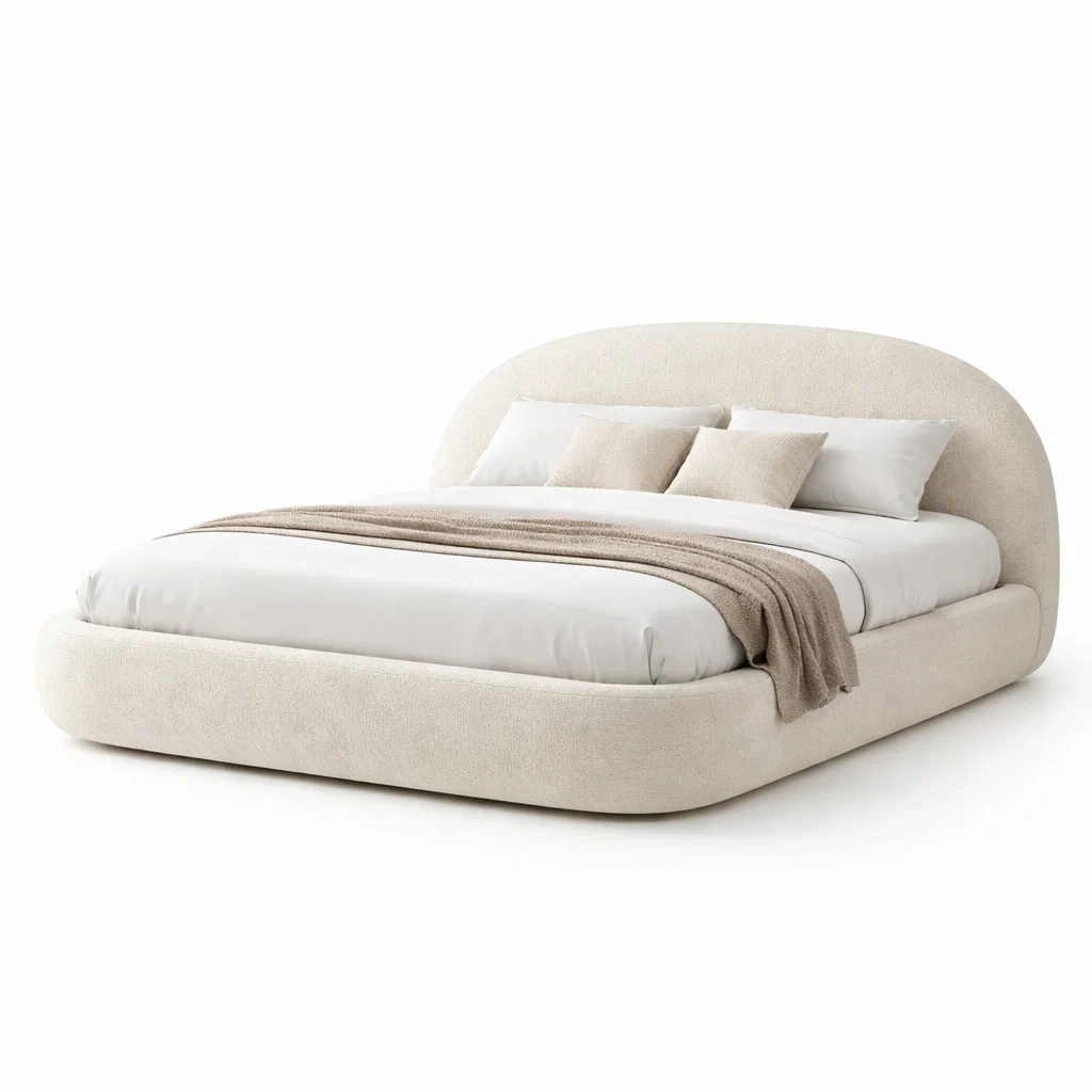 Cama tapizada beige curvada-furntide