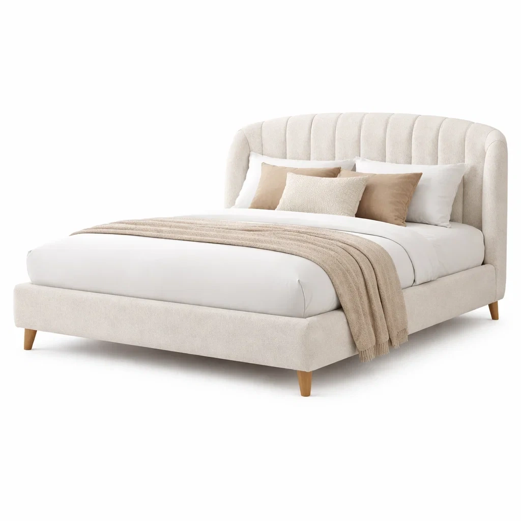 Cama tapizada beige con cabecero acolchado-furntide