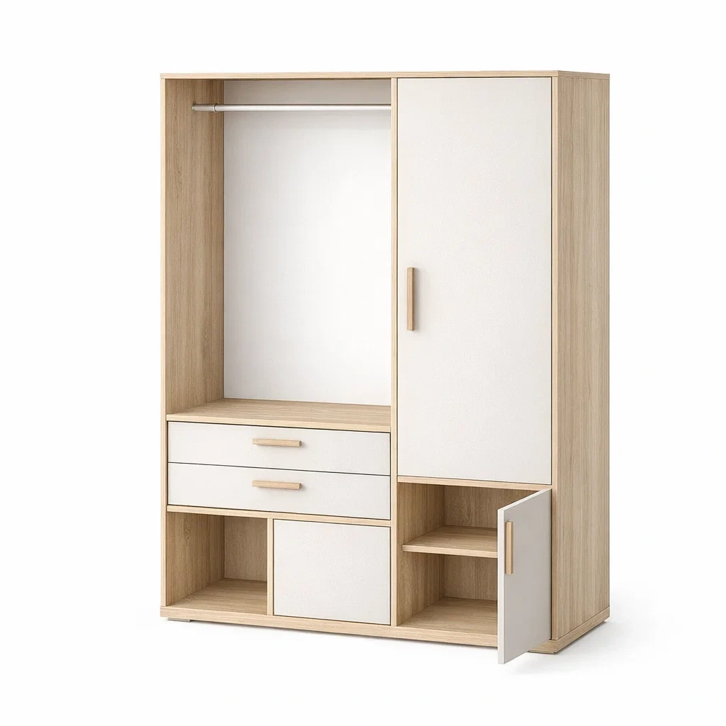 Armario madera clara y blanco con barra y cajones-furnsmithy