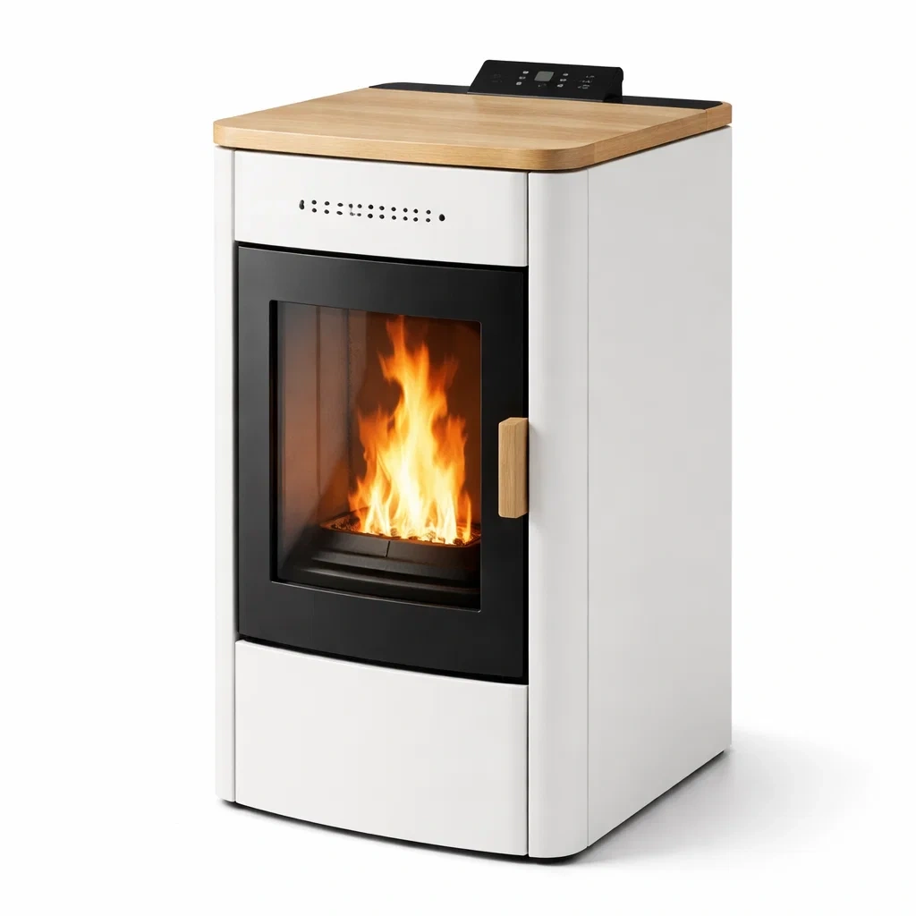 Cocina pellet blanca con cubierta madera-furnsmithy