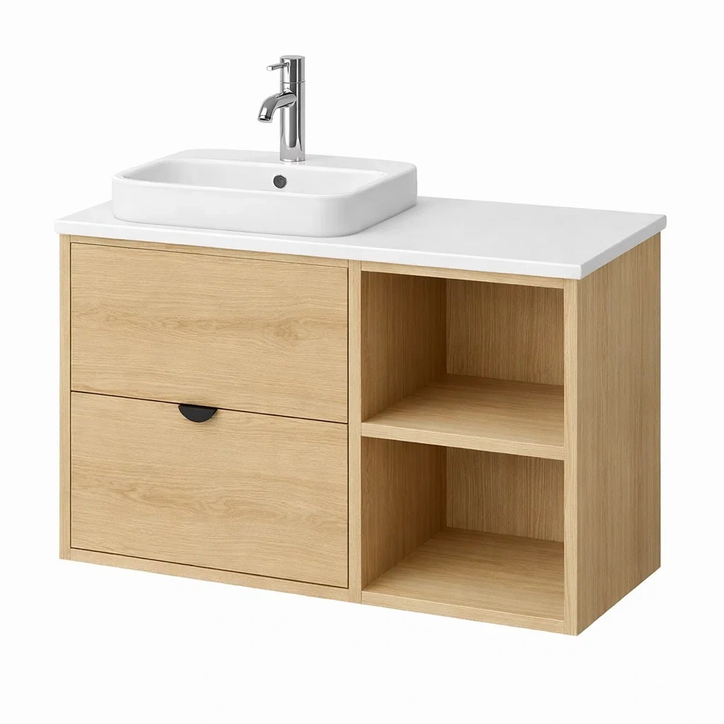 Lavabo con mueble suspendido en madera clara-furnsmithy