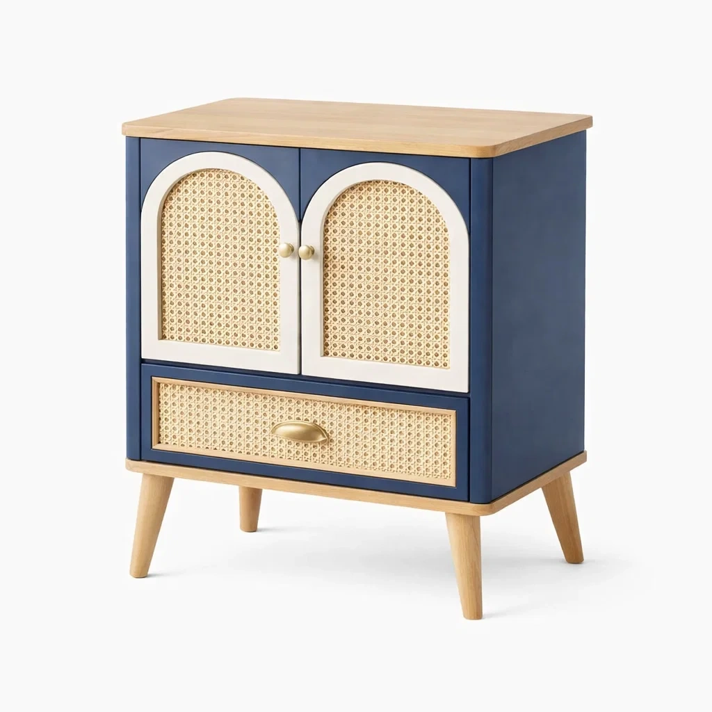 Mesita auxiliar azul con rejilla-furnsmithy