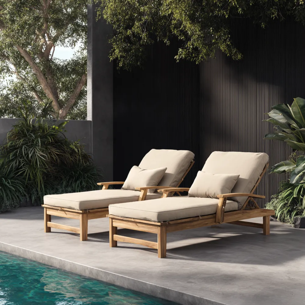 Gartenliege aus Teakholz 200x65x35 cm mit Kissen - Beige - Modernes Design-Clayelino