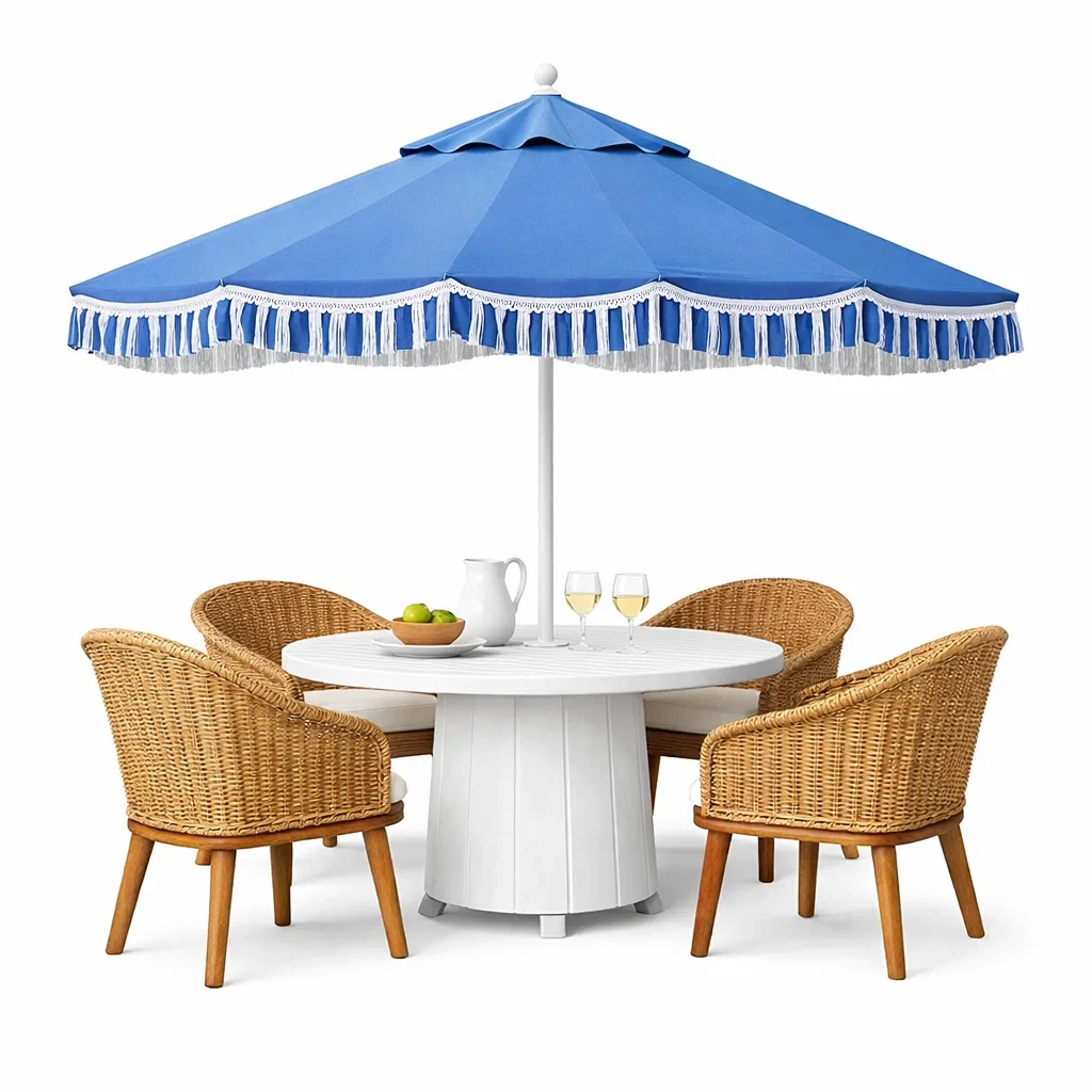 Mesa de comedor con sombrilla azul y blanco-spacecraftfurn