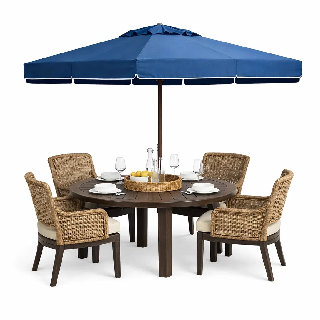 Mesa de comedor con sombrilla azul oscuro-spacecraftfurn