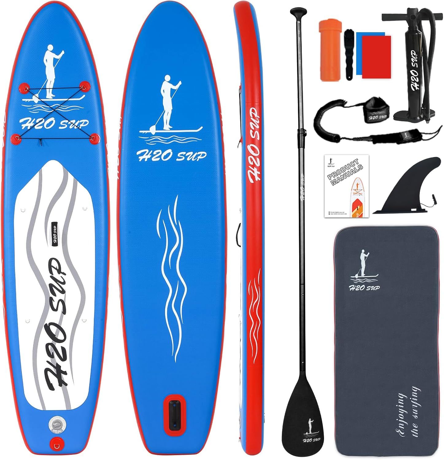 H2OSUP Tabla de Paddle Surf Hinchable 10'6'' x 30'' x 6'', SUP de PVC con Remo, Aleta, Bomba de Mano, Correa, Kit de Reparación y Mochila, para Jóvenes y Adultos, Azul-Havenmyhut