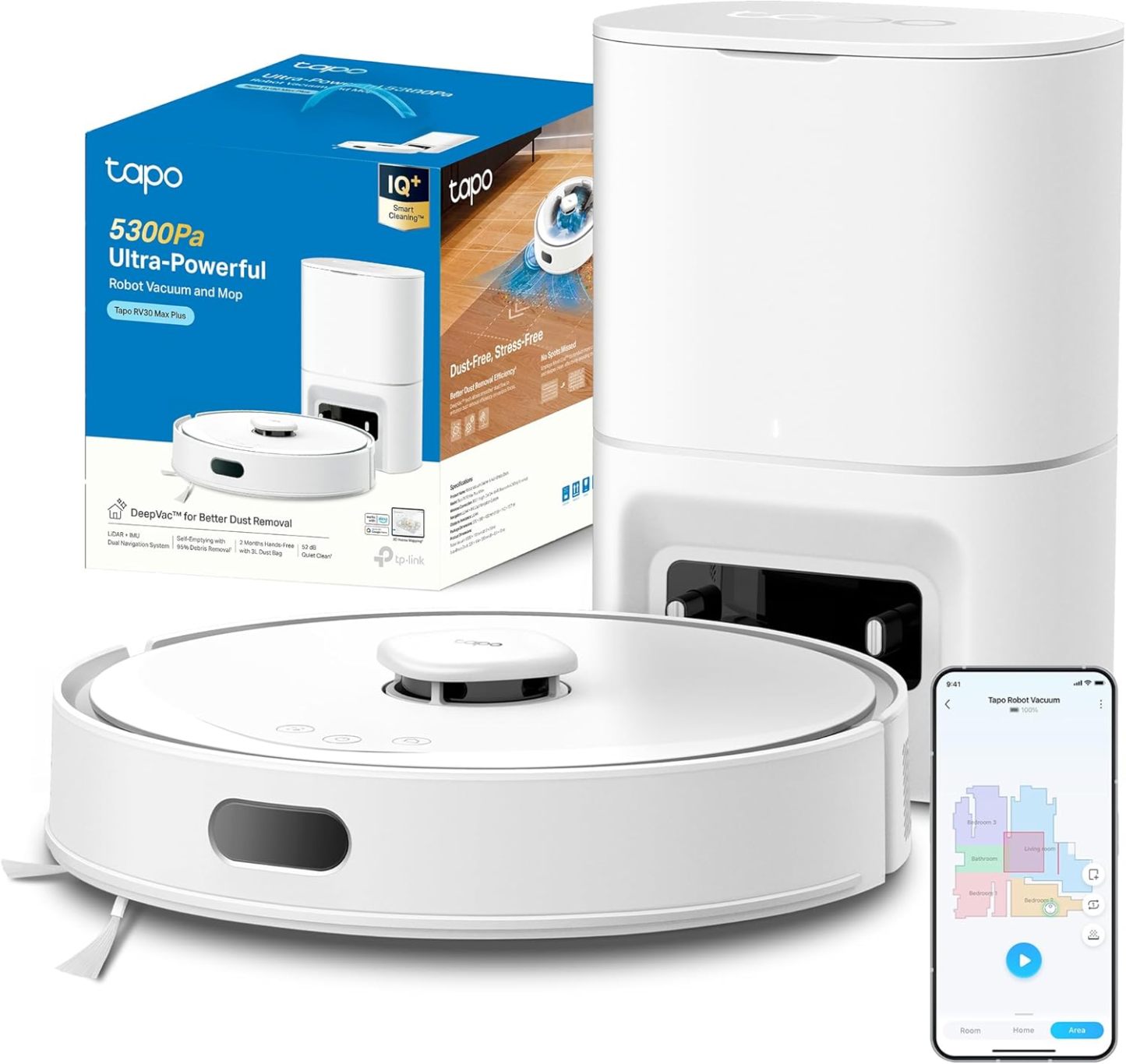 Tapo RV30 MAX Plus Robot Aspirador y Fregasuelos con Base de Autovaciado, Succión 5300 Pa, Navegación Láser LiDAR con Mapeo Inteligente, Limpieza 4 en 1 Barre, Aspira, Friega y Pasa la Mopa, Control por Voz y App, Color Blanco-Havenmyhut