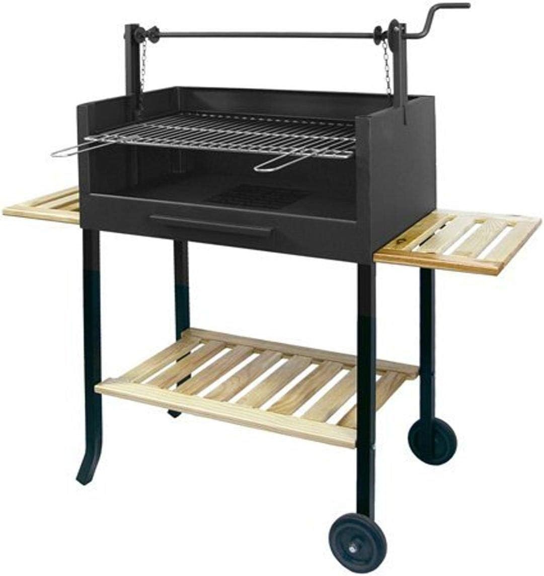 IMEX El Zorro 71504 Barbacoa de Carbón con Ruedas y Elevador de Parrilla, BBQ con Parrilla Cincada y Bandeja de Madera para Jardín o Patio, 73 x 40 x 117 cm Negra-Havenmyhut
