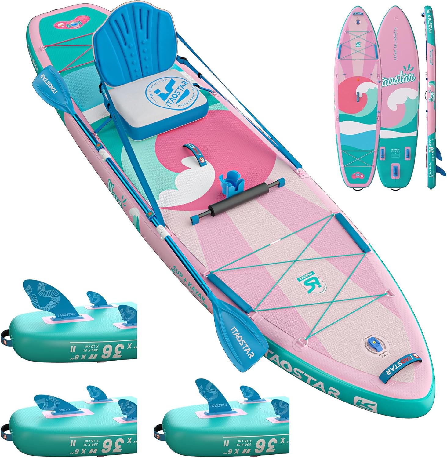 Tabla de Paddle Surf Hinchable Extra Ancha 11'6" x 36" iTAOSTAR con Asiento – SUP con Accesorios Premium y Aletas Personalizadas, hasta 450 lb, Rosa-Havenmyhut
