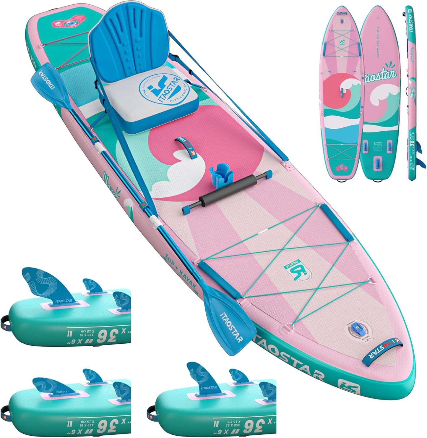 Tabla de Paddle Surf Hinchable Extra Ancha 11'6" x 36" iTAOSTAR con Asiento – SUP con Accesorios Premium y Aletas Personalizadas, hasta 450 lb, Rosa-Havenmyhut