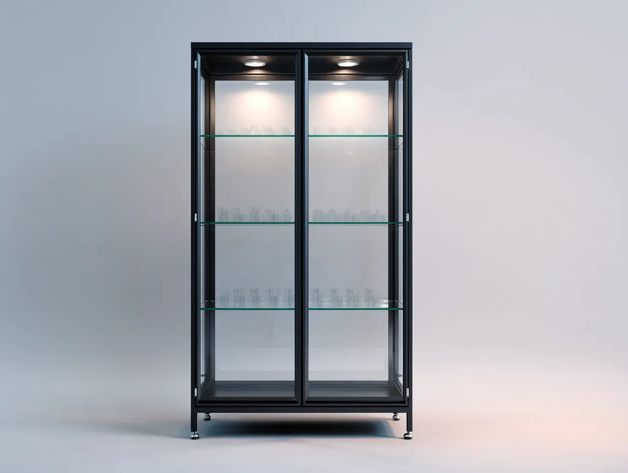 Vitrina de salón con puertas de vidrio y luz integrada 90x40x190 cm - negro - diseño moderno para salón-Cozyupden
