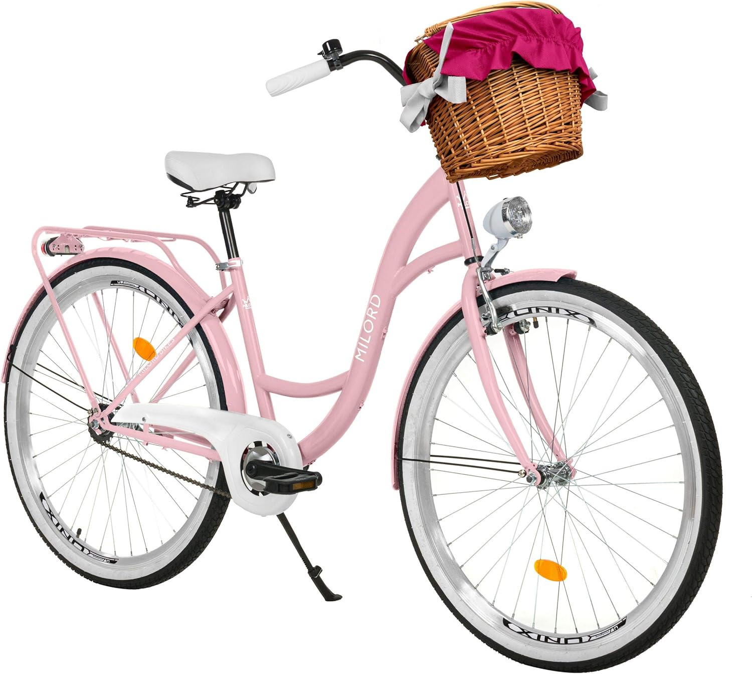 Bicicleta Urbana Rosa MILORD de 26 Pulgadas para Mujer, 1 Velocidad, Estilo Holandés Retro Vintage con Cesta Delantera y Soporte Trasero-Havenmyhut